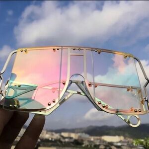 Retro Holographic Panel Lens - Metal Rim Shield Sunglasses